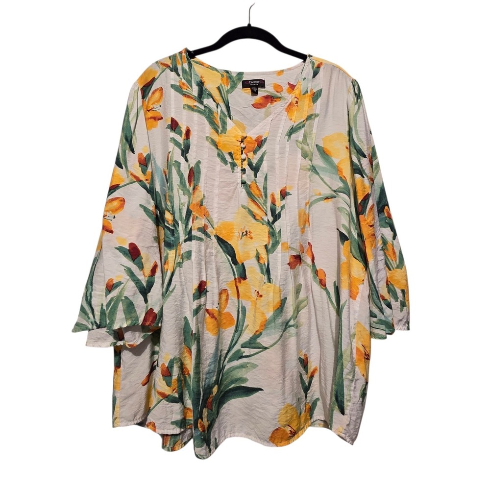 Cocomo Floral Popover Blouse Tunic Women's Plus 2X Yellow Iris Pintucks Garden